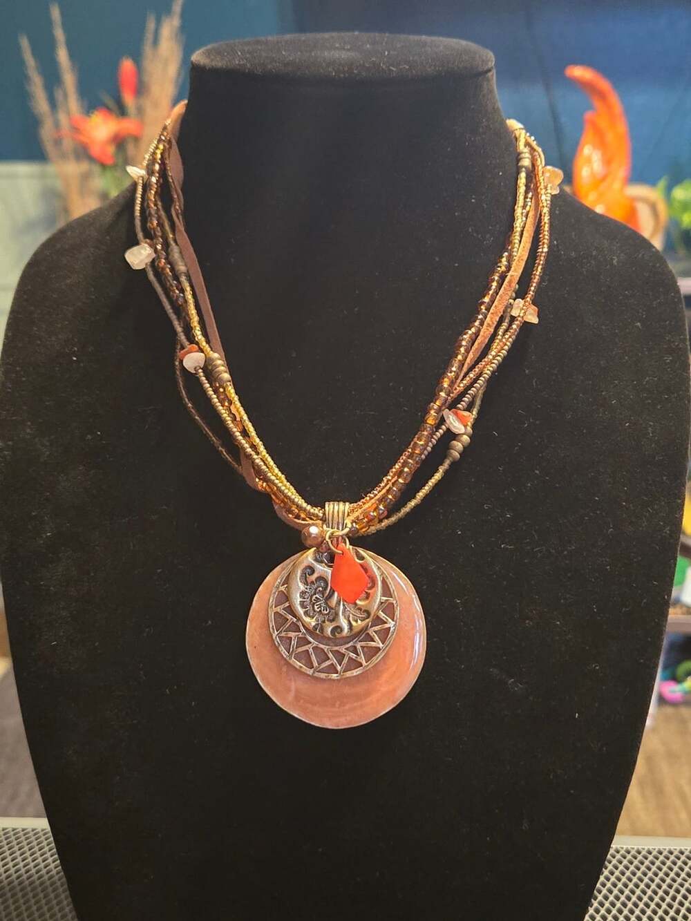 Chico's Layered Beaded Statement Necklace with Orange Resin and Metal Pendant